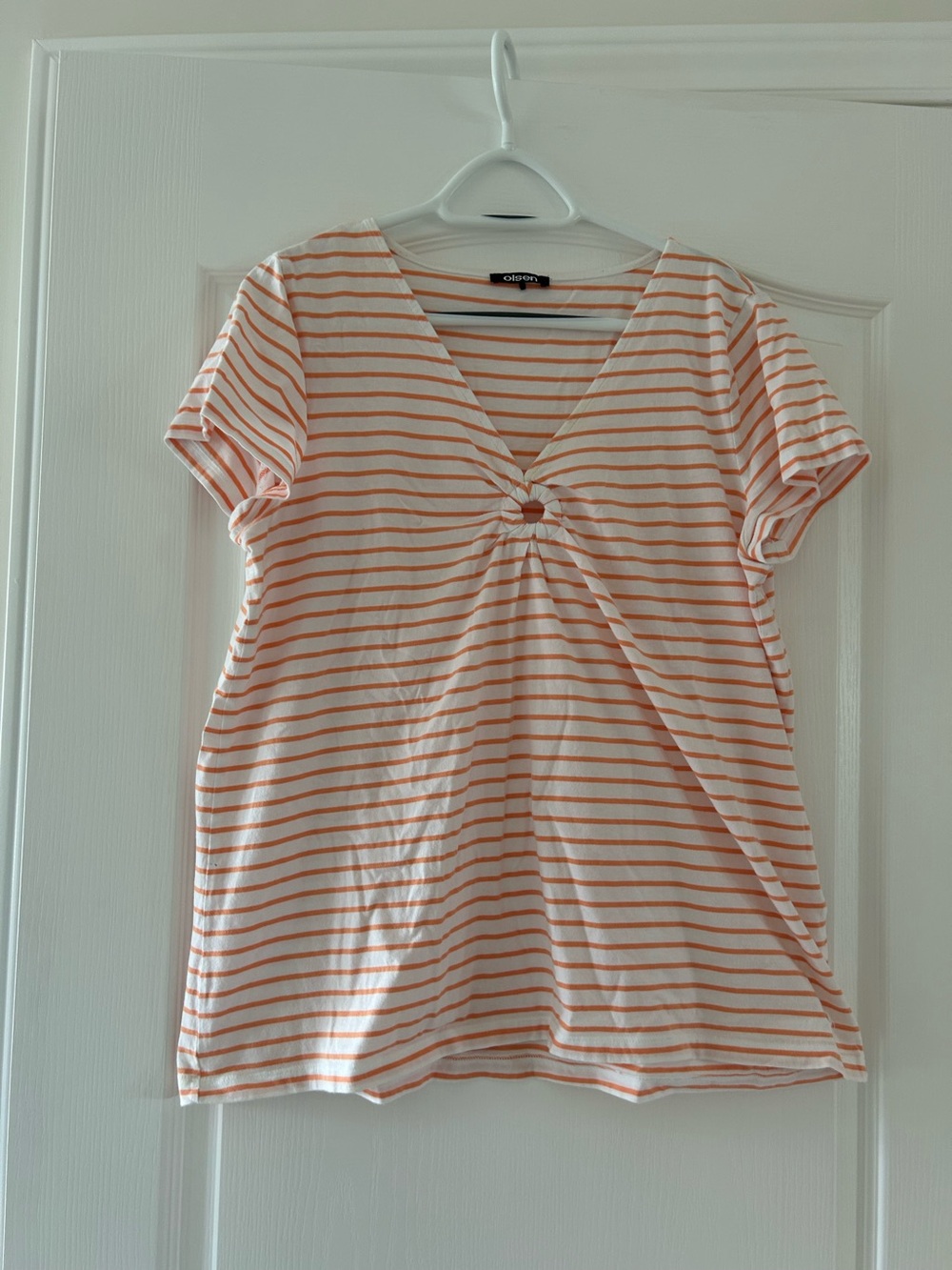 Talbots White and Peach Striped Knot-Front V-Neck Tee